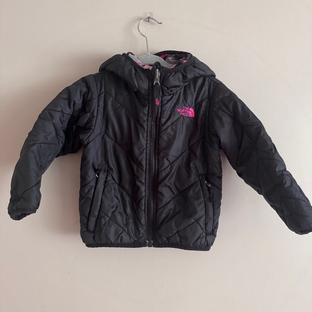 The North Face Black Pink Reversible Plaid Quilted Jacket Hood 2T Toddler Girl
